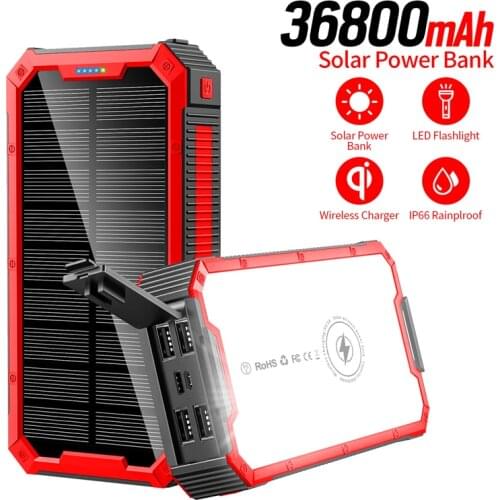36800mAh Wireless Solar Power Bank for iPhone 12 Samsung S21 Xiaomi Powerbank with LED Camping Light External Battery Powerbank