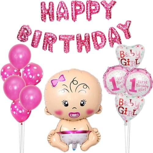 One Year Old Baby Happy Birthday Balloons Decorations Pink Round Aluminum Foil Balloon Baby Shower Decor Boy Girl Kid Toy Ball