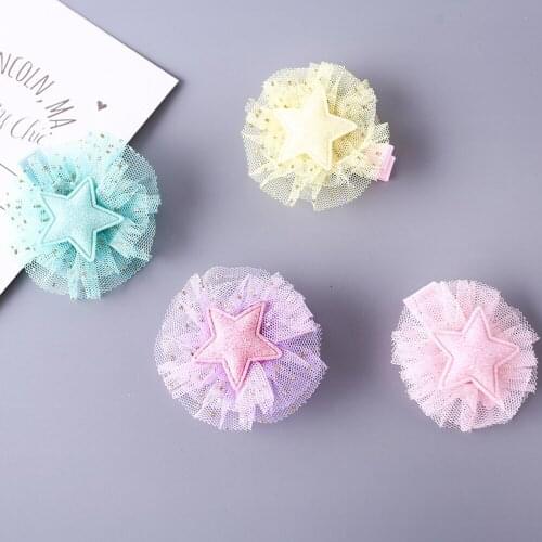 Pets Glitter Gold Star Hair Clips Hairpins Mesh Bow Hairgrip Barrette With Sparkly Star Gauze Mesh Bow Fashion Hair Accessories