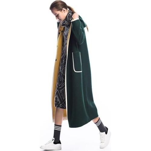 Women Autumn New Winter Brief Casual Loose Hooded Woolen Jacket Ladies Elegant Slim Blue/Army Green Long Coat Outerwear Overcoat