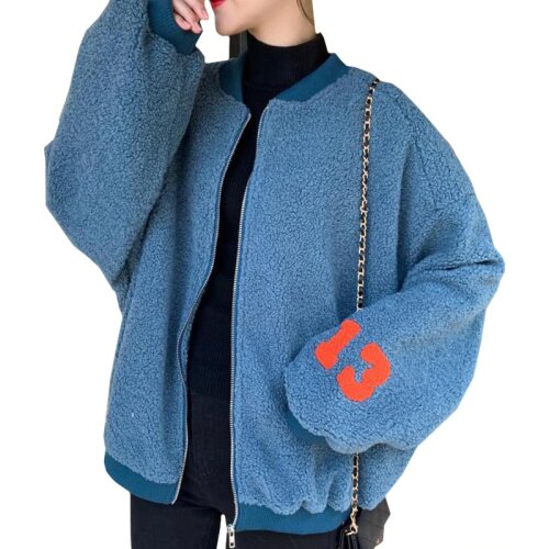 Winter New Loose Korean Lamb Wool Women Hoodie Applique Embroidery Letters Over Thirteen Sweatshirt Zipper Haze Blue Coat Female