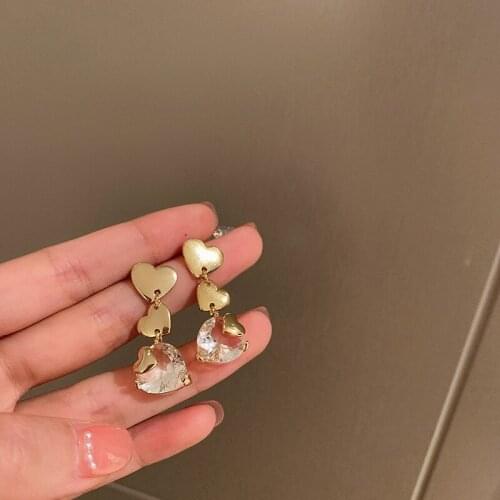 Origin Summer Sweet Transparent Crystal Heart Earrings for Women Gold Color Metal Love Long Drop Dangle Earrings Korean Jewelry