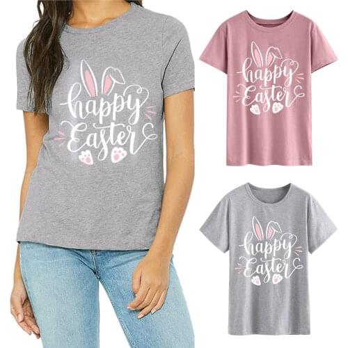Women Ladies Happy Easter Print Short Sleeve T-Shirt Cute Rabbit Print For Easter Party TT@88