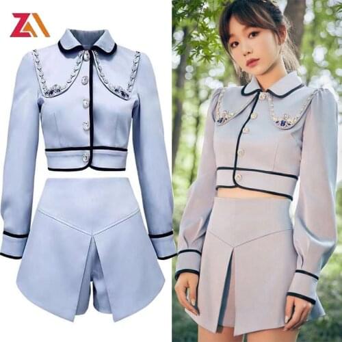 ZALady designer fashion blue Diamond women two piece sets suits autumn sexy short Shirt jacket tops and high waist shorts female