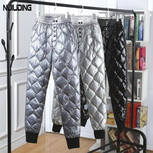 Winter Warm Thick Women Down Pants Casual High Waist Glossy Diamond Patchwork Button Harem Pants For Girl Female Long Trousers