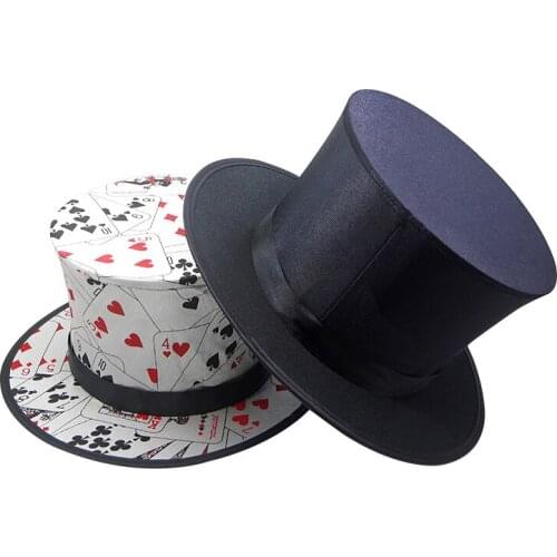 1pcs Folding Top Hat Spring Magic Tricks ( Black/Playing Card Pattern )Appearing Vanishing Objects from Hat Stage Accessories
