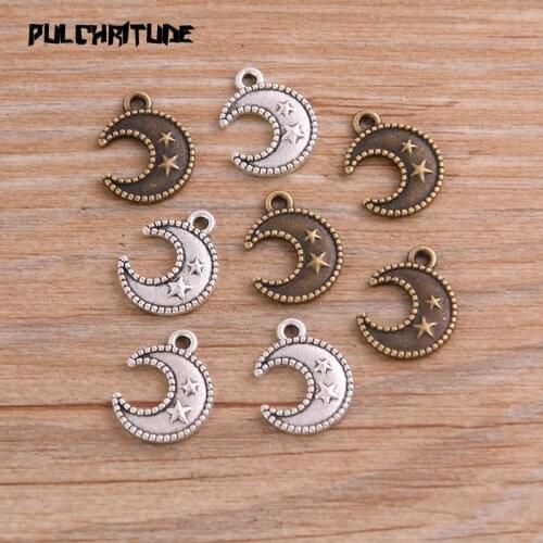 30pcs 12*15mm Two Color Metal Zinc Alloy Small Moon Star Charms Fit Jewelry Medical Plant Pendant Charms Makings