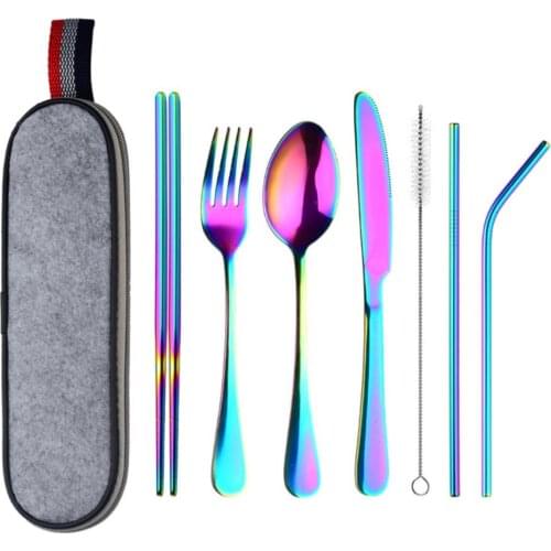 8 Pcs/set Tableware Stainless Steel Flatware Spoon Chopstick Cleaning Brush Set Portable Dinnerware Travel Utensils with Straw