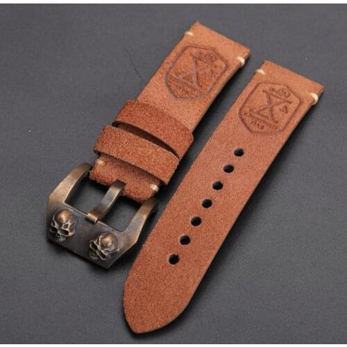Bronze Skull Buckle Strap, 20 22 24 26MM Thick Orbital Leather Watchband Suede Mens Bracelet