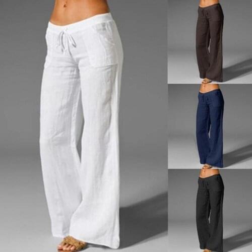 Women Solid Color Pants Pockets Drawstring Elastic Wide Leg Long Pants Yoga Trousers Elegant Office Ladies Trousers Plus Length