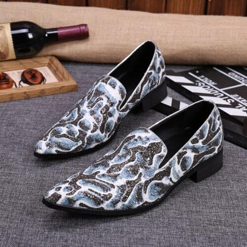 Christia Bella Big Size Pointed Toe Man Slip on Shoes Party Genuine Leather Male Printing Sequins Shoes Fashion Man Dress Shoes