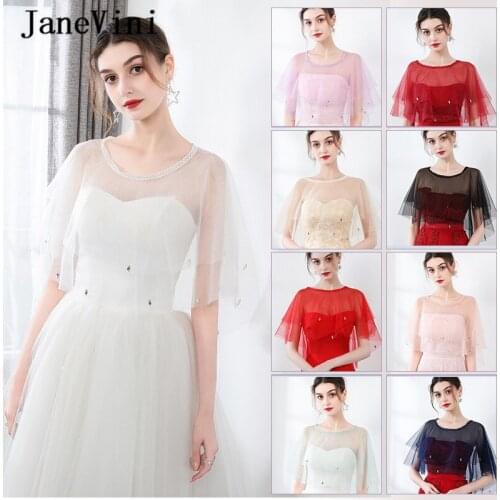 JaneVini Elegant Soft Tulle White Wedding Shawls Wraps Beaded Summer Women Shoulder Cloak Bolero Mujer Bridal Formal Wear Cape