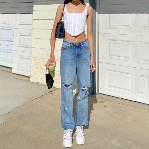 Trendy Womens Ripped Straight Leg Jeans All-Match High Waist Loose Hole Wide Leg Denim Pants for Vacation Dating Shopping