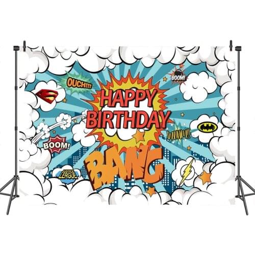 Neoback Happy Birthday Backdrop Super Hero Boom Background Banner Decoration Photography Backdrops Studio Shoots