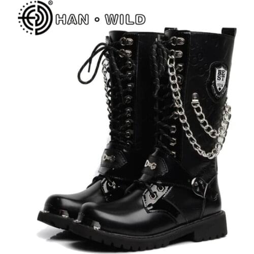 Motocycle Boots Size 37-46 Men Shoes Army Boot High-Top Military Combat Boots Metal Chain Male Moto Punk Boots