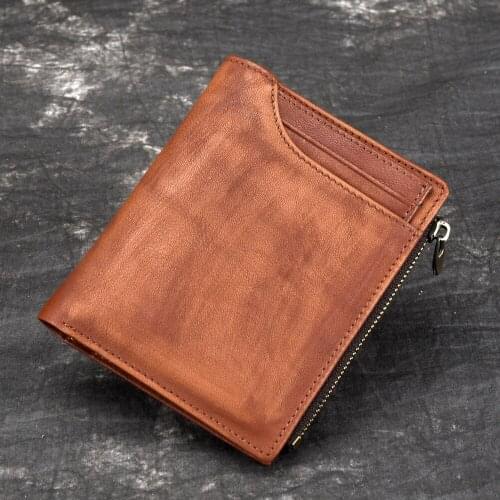 Men Genuine Tanned Leather Bifold Wallet Clutch Money Bag Famous Brand Coin Pocket Multi-Cards Holder Clip Male Short Purse