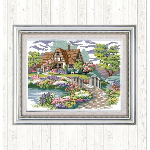 Dream House Scenic Painting DMC Cross Stitch Kits 14ct Print on Canvas 11ct Counted Fabric Embroidery Kit DMC DIY Needlework Kit