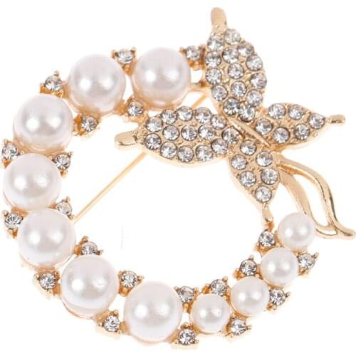 New Pearl Rhinestone Wreath Butterfly Brooch for Women Trendy Elegant Circle Leaf Brooch Pins Party Wedding Gifts