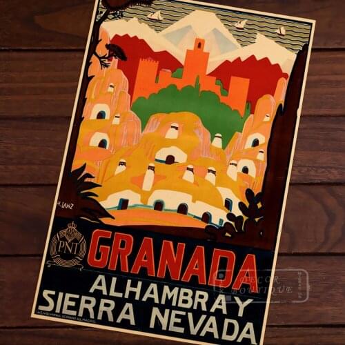 Pop Granada Alhambray Map Vintage Travel Poster Classic Retro Kraft Canvas Maps Wall Sticker Home Bar Posters DIY Decor Gift