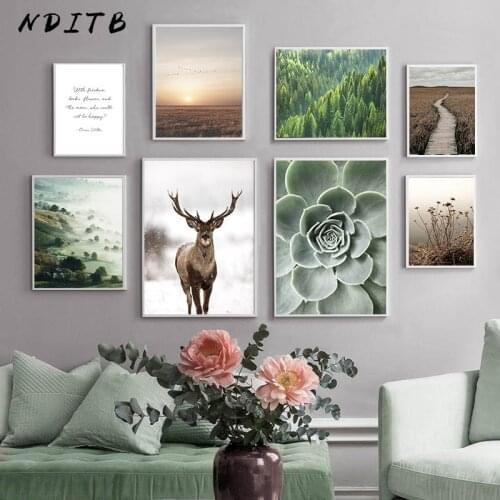 Scandinavian Nature Landscape Canvas Painting Deer Forest Sunset Wall Art Poster Nordic Print Decorative Picture Home Decoration