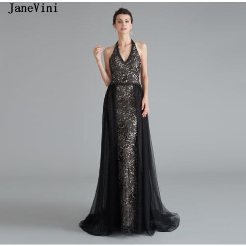 JaneVini Sexy Black Dubai Evening Dresses Long with Train 2019 Halter Mermaid Glitter Sequins Beaded Backless Formal Party Gowns