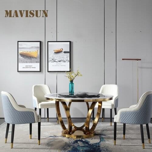 Light Luxury Rock Plate Dining Table Stainless Steel Titanium Round Marble With Turntable Hotel Club High Grade Dining Table