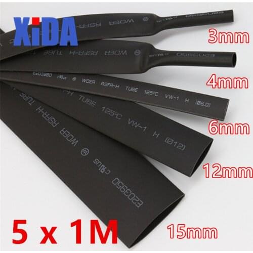 5Pcs 1M Black 2:1 Heat Shrink Tubing Black Cable Wire Sleeving Wrap 3.0/4.0/6.0/12.0/15.0mm Free Shipping
