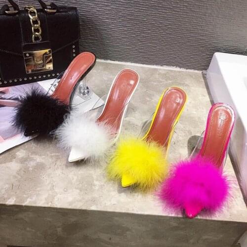 New Womens Shoes Fashion Blackjack Semi-Cold drag Crystal Shoes Shallow Pointed Toe Transparent Maomao Slides 9cm High Heels