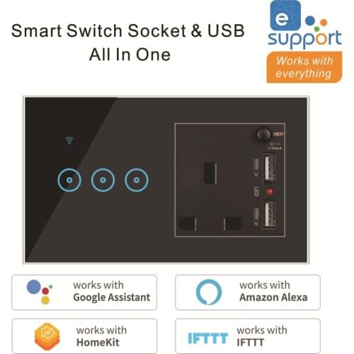 USB 2.1A WiFi UK Standard Single Live Wire Smart Light Touch Switch Socket Tempered Glass Panel 1 2 3 Gang Work With APP