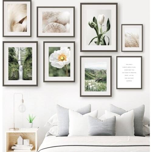 Waterfall Bridge Tulips Reeds White Flower Mushroom Nordic Poster Wall Art Print Canvas Painting Decor Pictures For Living Room