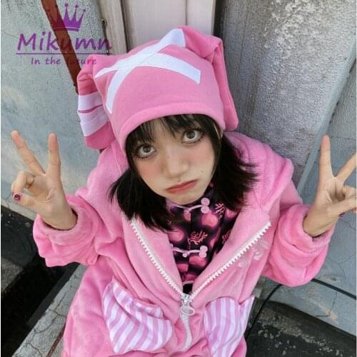 Japanese Harajuku Girls Cute Doll Rabbit Ear Hat Chic Streetwear Kawaii Black Pink Knitted Caps