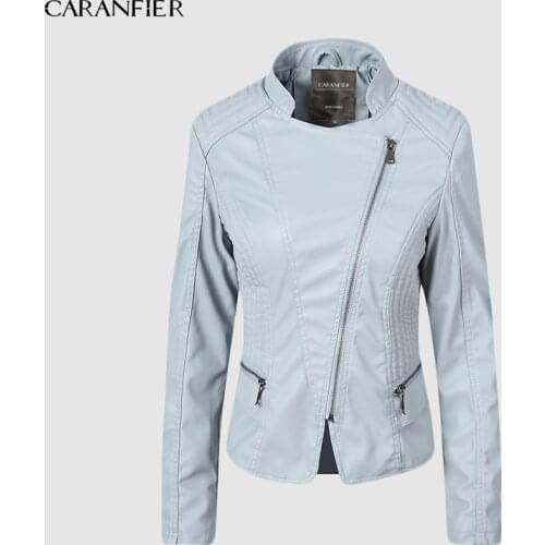 CARANFIER Womens Leather Jacket Motorcycle Autumn Long Sleeve Zipper Faux Leather Jackets 6 Color Ladies Female Coats Outerwear