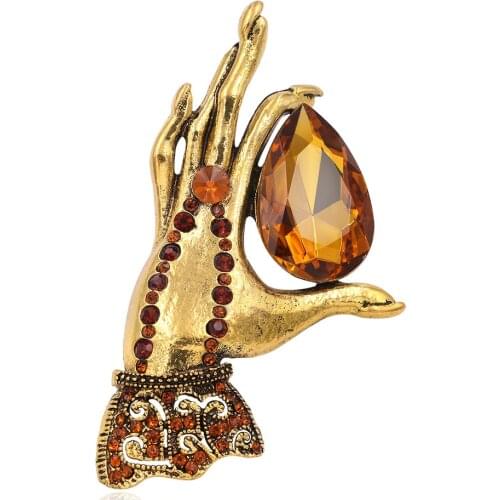 Vintage Hand Brooches For Women Large Crystal Palm Pin Fashion Jewelry Qutumn Winter Accessories