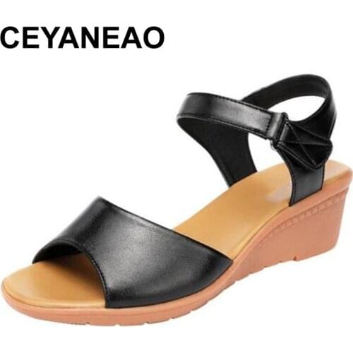 CEYANEAO Bohemia Style Open Head Genuine Leather Shoes Women Summer 2021 Casual Medium Heel Platform Wedges Sandals Mother Shoes