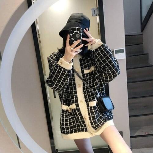 Women Loose Casual Lattice Sweaters Knitted Autumn Korean Single-breasted Lantern sleeve Students Thick Cardigans Sweaters Coat