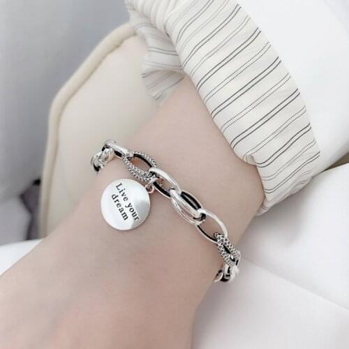 Korean version of 925 sterling silver love pendant bracelet retro Thai silver thick chain round letter bracelet female jewelry