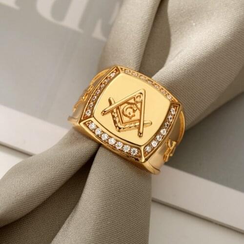 Stainless Steel Gold Rings For Women Zircon Square Masonic Ring Religious Style Mens Rock Punk Jewelry Gift