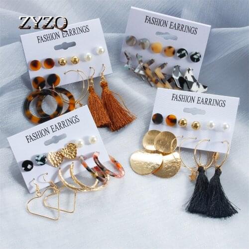 ZYZQ 6pc Set Vintage Acrylic Flower Geometric Earring Womens Fashion Tassel Heart-Shaped Alloy Circle Pendant Earrings Jewelry