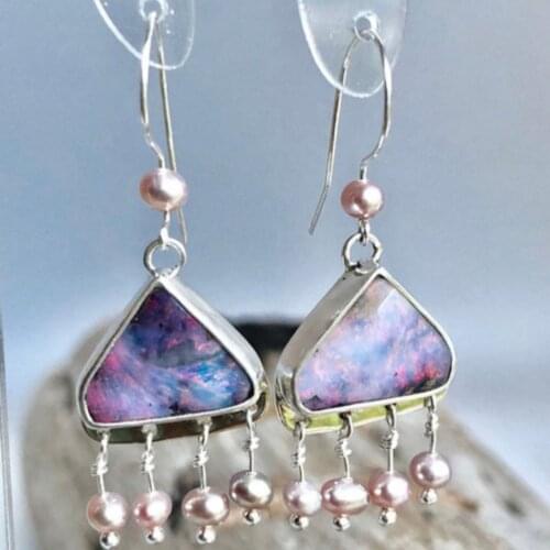 2021 Vintage Geometric Purple Resin Statement Pearl Drop Earrings for Women Boho Zircon Brincos Jewelry Metal Dangle Earring