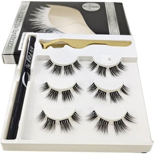 3 pair eyelashes No glue Easy to wear Natural 4 segments False Eyelashes & Tweezer Set Waterproof Long Lasting Eyelash Extension