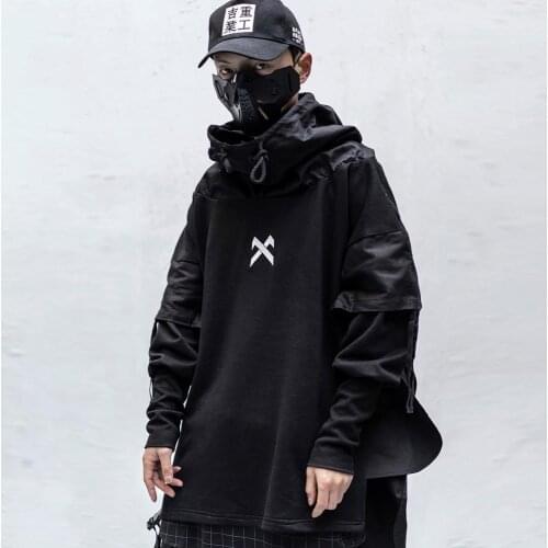 April MOMO Japanese Streetwear Man Hoodies Hip Hop Embroideried Pullover Patchwork Fake Two Darkwear Tops Hoodies