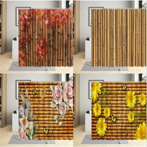 Floral Bamboo Background Shower Curtain Yellow Floral Butterfly Lily Bathroom Decoration Plant Curtain Waterproof With Hook Sets