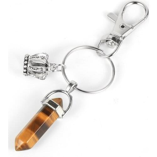 Natural Stone Hexagonal Bullet Tiger Eye Amethysts Keychain Turquoises Labradorite Key Rings Alloy Crown Charm Key Chain Jewelry