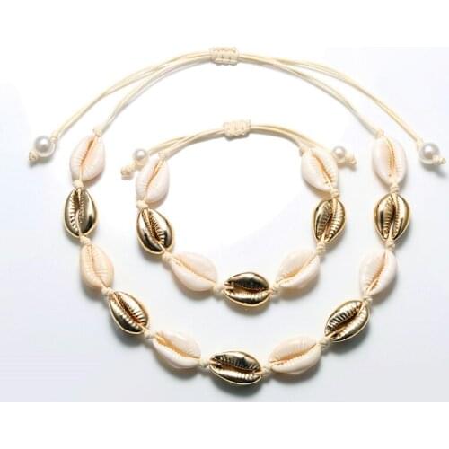 Rope Chain Gold Shell Necklace Bracelet Set Bohemian Seashell Cowrie Necklaces Choker Bracelets Summer Jewelry For Women Girls