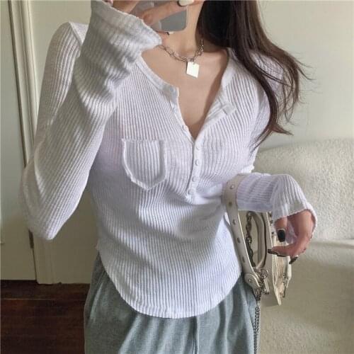 Black White Sexy Long Sleeved Pocket Top Korean Fashion WomenS T-Shirt Female Vintage Clothing Blouses 2021 Kawaii Harajuku