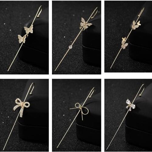 Long Wrap Crawler Hook Earrings Fashion Butterfly Bowknot Crystal Stud Earrings Climber Earrings Piercing Jewelry For Women Gift