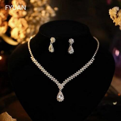 FYUAN Simple Geometric Rhinestone Necklace Earrings For Women Water Drop Crystal Wedding Bride Jewelry Sets Accessories