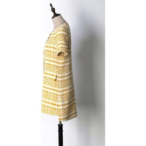 Summer Hot Sale Womens Short Sleeve Tweed Dresses Fashion Single Breasted O-Neck Sweet Style Ladies A-Line Dresses Party Wear