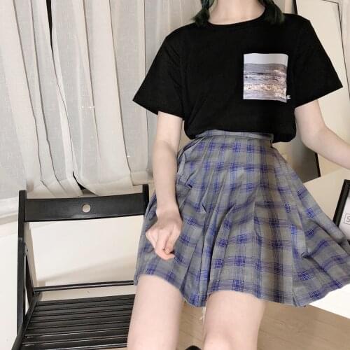 Dream-like life printing pure cotton short-sleeved black T-shirt womens summer light and comfortable t-shirt womens top