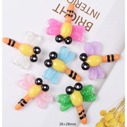 Mini Order 10pcs Glitter Flatback Resin Cabochons 26*28mm Kawai Dragenfly Patch Sticker Girl Hair Jewelry Clip Hairpin Decor